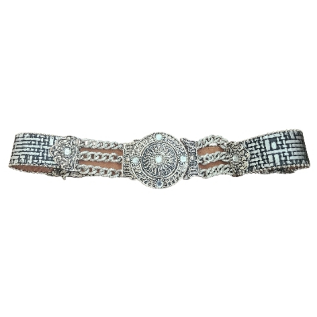Vintage Bb Simon Silver Metal And Leather Belt Crystals And Chains